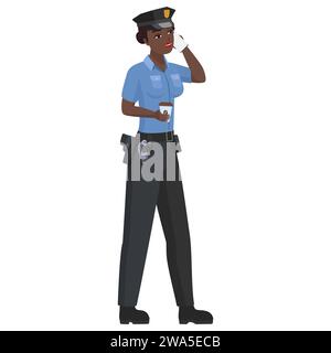 Schwarze Polizistin mit Kaffee. Polizistin spricht am Telefon Cartoon-Vektor-Illustration Stock Vektor