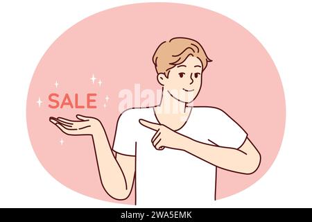 Positiver Mann, der mit dem Finger auf den Markenverkauf zeigt und zu profitablen Einkäufen im Supermarkt oder Online-Shop einlädt. Optimistischer Typ in lässigem T-Shirt für Marketingkampagne. Flaches Vektordesign Stock Vektor