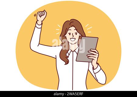 Glückliche Frau, die die Hand hebt, eine Siegesgeste macht und auf ein elektronisches Tablet schaut. Positive Geschäftsfrau im weißen Hemd freut sich, nachdem sie E-Mail-Nachrichten von Partnern gelesen hat. Flaches Vektordesign Stock Vektor