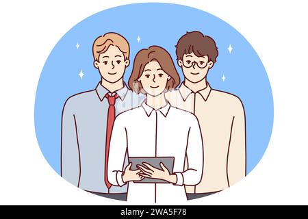 Junge Profis aus dem Team, von Frauen mit Tablet und zwei Männern in Geschäftskleidung, schauen auf den Bildschirm. Büromitarbeiter von großen Unternehmen oder Manager von kleinen Startup-Unternehmen in der Nähe. Flaches Vektordesign Stock Vektor