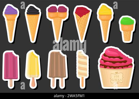 Illustration zum Thema Big Kit Eis Eis Eis Eis Eis verschiedene Arten in Kegel Waffelbecher, Eis bestehend aus leckeren Eis auf Kegel Waffelbecher, Popsic Stock Vektor