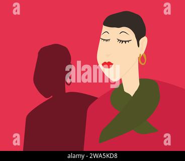 Illustration Frau mit kurzem Haar mit Ohrring und roter Bluse und grünem Schal Stock Vektor