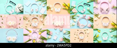 Sammlung von Kopfhörern mit Büropapier und Blumen auf farbigem Hintergrund Stockfoto