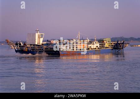 Fahrzeuge an der Fähre über Rio Guadalquivir zum Doñana Nat Park in der Nähe der Mündung des Mittelmeers, Costa de la Luz, Sanlucar de Barrameda, Andalusien Spanien Stockfoto