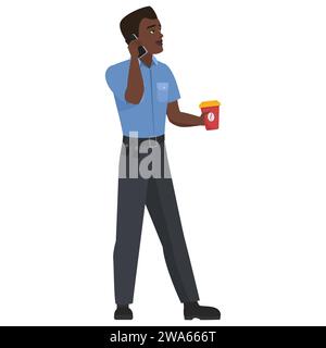 Schwarzer Polizist mit Kaffee. Männlicher Polizist, der auf Telefon-Cartoon-Vektor-Illustration spricht Stock Vektor