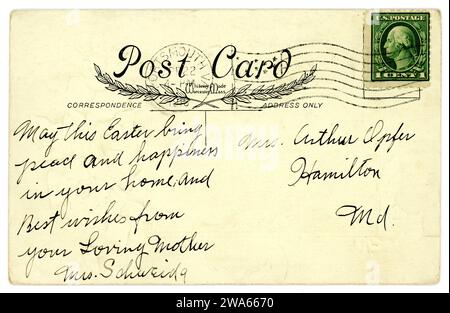 Rückseite der attraktiven Original-amerikanisch geprägten Ostergrüßkarte aus der Zeit des 1. Weltkriegs, gestempelt, ein Cent grüner George Washington Briefmarke, gestempelt / gesendet am 22. April 1916 aus Portsmouth, USA Stockfoto
