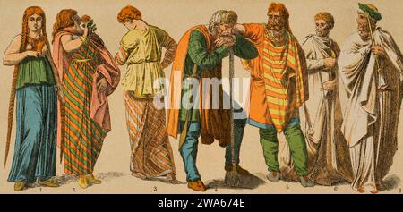 Gallier. Von links nach rechts: 1 bis 3: Gallisches Kleid für Damen, 4. Kriegerkleid, mit Schwert mit Kette, 5. Männerkostüm einer rangigen Person, 6. Stockfoto