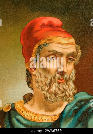 Archimedes (287 v. Chr. - 212 v. Chr.). Griechischer Mathematiker und Erfinder. Hochformat. Chromolithographie. Details. „Historia Universal“ von Cesar Canto. Vo Stockfoto