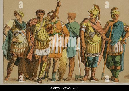 Das Östliche Römische Reich. Byzantiner (400-600). Von links nach rechts: 14 und 15. General-Kleidung, 16. Krieger, 17 Arbeiter (Offizier), 18. General-Kleidung, 19. Krieger. Chromolithographie. "Historia Universal", von Cesar Canto. Band III, 1882. Stockfoto