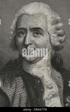 Carl Linnaeus (1707-1778). Schwedischer Naturforscher und Botaniker. Er etablierte eine binomiale Nomenklatur. Hochformat. Kupferstich von Geoffroy. Details. "Historia Universal", von Cesar Canto. Volumen VI 1857. Stockfoto