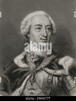 Ludwig XV. (1710-1774), sogenannter Louis der Geliebte. König von Frankreich (1715-1774). House of Bourbon. Hochformat. Kupferstich von Geoffroy. "Historia Universal", von Cesar Canto. Volumen VI 1857. Stockfoto