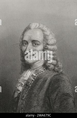 Voltaire (Francois Marie Arouet) (1694-1778). Französischer Schriftsteller der Aufklärung. Hochformat. Kupferstich von Geoffroy. "Historia Universal", von Cesar Canto. Volumen VI 1857. Stockfoto