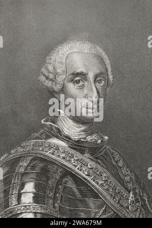 Karl III. (1716-1788). König von Spanien (1759-1788). Bourbon-Dynastie. Hochformat. Kupferstich von J. Amills. "Historia Universal", von Cesar Canto. Volumen VI 1857. Stockfoto