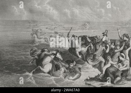 Das Alte Testament. Exodus. Die Durchfahrt des Roten Meeres. Gravur von A. Roca. „Los Heroes y las Grandezas de la Tierra“. Band I. 1854. Stockfoto