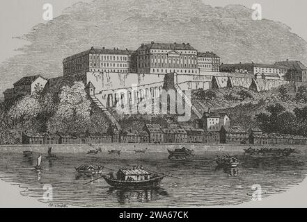 Ungarn. Blick auf die Donau und das Schloss Buda von Pest. Stich von Trichon. „Los Heroes y las Grandezas de la Tierra“. Band V. 1855. Stockfoto