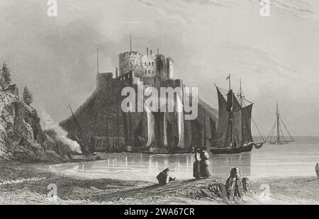 Küste der Normandie. Insel Jersey. Schloss und Hafen von Mont Orgueil. Gravur. „Los Heroes y las Grandezas de la Tierra“. Band V. 1855. Stockfoto