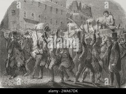 Französische Revolution von 1848. Die Pariser griffen am 23. Und 24. Februar 1848 zu den Waffen, was zur Abdankung von König Ludwig-Philippe I. (1773–1850) führte. Die Menge in den Straßen von Paris in der Nacht vom 23. Februar 1848. Der Leichenwagen mit den Toten. Gravur. „Los Heroes y las Grandezas de la Tierra“. Volumen V, 1855. Stockfoto