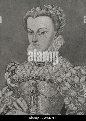 Elisabeth von Österreich (1554-1592). Erzherzogin von Österreich. Tochter von Kaiser Maximilian II. Und Maria von Österreich und Portugal. Königin von Frankreich (1570–1574) durch Heirat mit König Karl IX. Hochformat. Kupferstich von L. Dujardin nach dem Gemälde von Francois Clouet. „Los Heroes y las Grandezas de la Tierra“. Band V. 1855. Stockfoto
