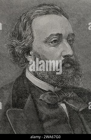 Leon Gambetta (1838-1882). Französischer Staatsmann, einer der Gründer der Dritten Republik. Hochformat. Gravur. "Historia de la Guerra Franco-Alemana de 1870-1871". Veröffentlicht in Barcelona, 1891. Stockfoto