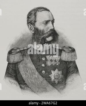 Albert von Sachsen (1828-1875). Kronprinz. König von Sachsen (1873-1902). Porträt. Gravur. "Historia de la Guerra Franco-Alemana de 1870-1871". Veröffentlicht in Barcelona 1891. Stockfoto