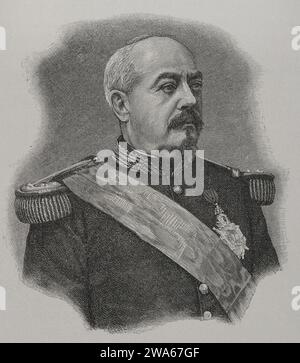 Francois Achille Bazaine (1811-1888). Marschall von Frankreich. Er nahm am Algerienkrieg, am Krimkrieg, an der zweiten französischen Intervention in Mexiko und am Deutsch-Französischen Krieg Teil. Hochformat. Gravur. "Historia de la Guerra Franco-Alemana de 1870-1871". Veröffentlicht in Barcelona, 1891. Stockfoto