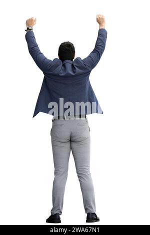 Ein Mann in einer Jacke auf weißem Hintergrund hob die Hände hoch. Rückansicht Stockfoto
