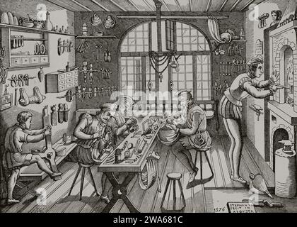 Etienne Delaune, Goldschmied-Werkstatt. Berühmter Goldschmied aus Paris im 16. Jahrhundert. Gravur und Zeichnung, die er 1576 selbst gemacht hat. "Les Arts au Moyen Age et a l'Epoque de la Renaissance" von Paul Lacroix. Paris, 1877. Stockfoto