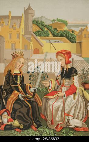 Heilige Katharina von Alexandria (287-305) und Heilige Agnes von Rom (ca. 291-ca. L 331 vom 15.12.2010 304 Chromolithographie von Franz Kellerhoven nach einem Porträt von Marguerite Van Eyck. "Les Arts au Moyen Age et a l'Epoque de la Renaissance" von Paul Lacroix. Paris, 1877. Stockfoto