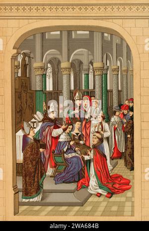 Karl V. aus Frankreich (1338-1380). Krönung Karls V. als König von Frankreich am 19. Mai 1364 in der Kathedrale von Reims. Neben ihm seine Frau Joan von Bourbon (1338-1378). Chromolithographie nach Miniatur aus "Froissarts Chroniken". Les Arts au Moyen Age et a l'Epoque de la Renaissance' von Paul Lacroix. Paris, 1877. Stockfoto