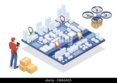 Isometrische Logistik und Lieferung. Kostenlose Lieferung, Express, zu Hause oder schnelle Lieferung. Lieferfirma. Lieferung nach Hause und im Büro. Stadtlogistik. Stock Vektor