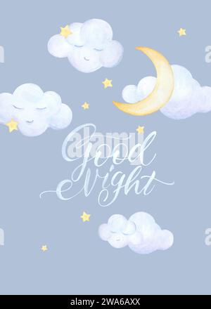 Goodnight Baby Letter Poster. Aquarellbilder Des Nachthimmels Des Mondes. Einrichtung Im Cloud-Kinderzimmer. Sky Theme Kinderzimmer, Handgezeichnete Aquarell Clip Art Stockfoto