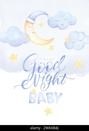 Goodnight Baby Poster, Aquarell Nacht Himmel Mond Illustrationen, Himmel Thema Kinderzimmer, Hand Gezeichnet Aquarell Clip Art Stockfoto