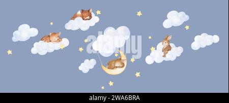 Schlafendes Tier auf der Cloud Clipart. Illustrationen Zum Himmel. Sky Nursery Art, Cloud Nursery Dekor. Babytierdrucke, Blauer Hintergrund Stockfoto