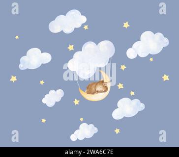 Sleeping Bunny Cloud Clipart. Kinderzimmer Sky Banner, Cloud Kinderzimmer Dekor. Kinderzimmer Wandbilder, Babytierdrucke. Aquarell Stockfoto