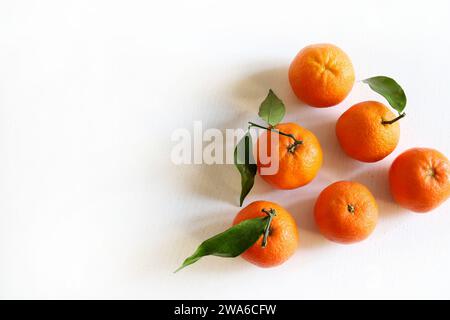 Gruppe frischer Mandarinen isoliert auf weißem Hintergrund. Frische Mandarine. Gesundes Lebensmittelkonzept. Draufsicht. Kopierbereich. Stockfoto