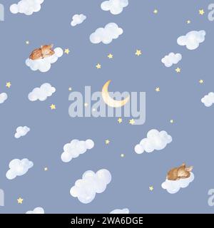 Aquarellmuster Für Schlafende Tiere. Aquarelltapete Für Kinder. Kinder Nachthimmel Nahtlose Muster Blauer Hintergrund Stockfoto