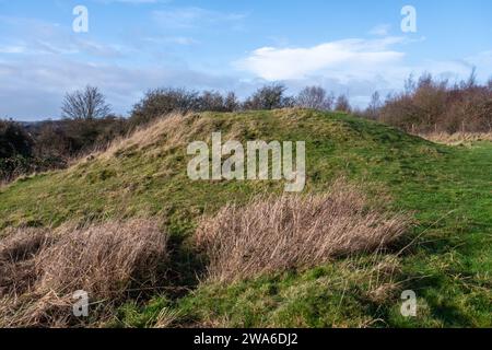 Bronze Age Round Barrows oder Tumuli im Naturschutzgebiet Magdalen Hill in der Nähe von Winchester, England, Großbritannien. Das sind geplante antike Denkmäler. Stockfoto