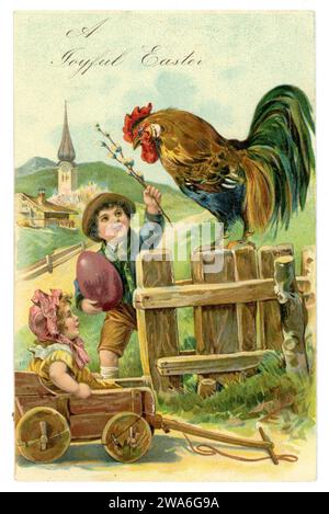 Original Edwardian Ära Oster Grußkarte, Wishing a perfect Easter, Junge mit Hahn, veröffentlicht am 28. März 1907. GROSSBRITANNIEN Stockfoto