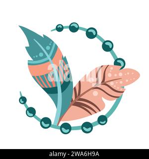 Stammesfedern, Boho-ethnisch stilisierte Vogel-Rundkomposition. Flache Karikatur elegante bunt bunten Bohemian Feathering, indigene Vektor-Illustration. Lebendig Stock Vektor