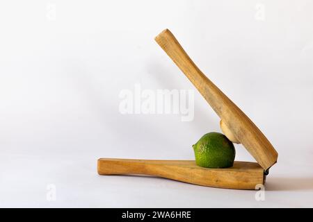 Drücken Sie den Tag mit der spritzigen Zitronenpresse, und verwandeln Sie Zitrusfrüchte mit einem Druck in flüssigen Sonnenschein! Stockfoto