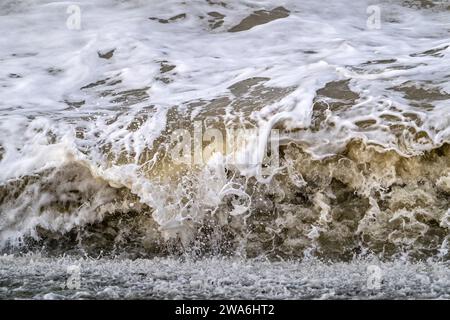 Wellen krachen/Rollen am Strand während des Wintersturms entlang der Nordseeküste in Zeeland, Niederlande Stockfoto