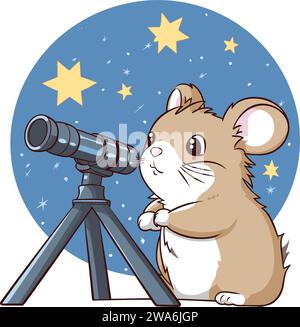 Hamster, der den Himmel mit Teleskop-Vektor-Kunst sieht Stock Vektor