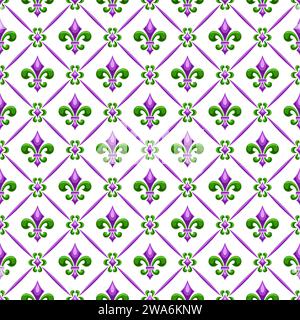 Vektor Fleur de Lis nahtloses Muster, wiederholter Hintergrund mit Illustrationen von Gittermuster und grüner Fleur de Lis in Rautenzellen, quadratische poste Stock Vektor
