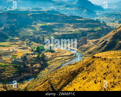 Überblick über den Colca Canyon und seine gestuften Terrassenfelder, Peru Stockfoto