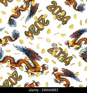Nahtloses Aquarellmuster mit Mondneujahrssymbol - grüner Holzdrache mit magischer Perle und Zahlen 2024 mit Drachenschuppenstruktur. Abbildung Stockfoto