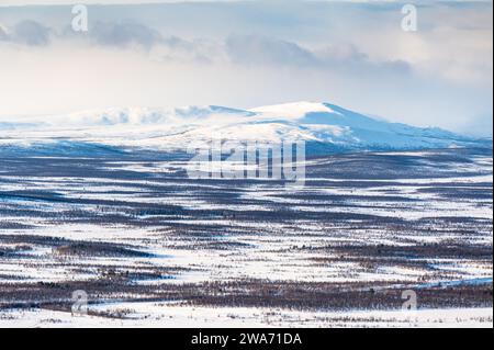 Die wunderschöne schneebedeckte Winterlandschaft von Kiruna in Schweden. Stockfoto