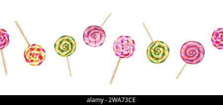 Spiralförmige Lutscher, kreisförmige Süßigkeiten. Nahtloser Rand. Bonbons mit gestreiften Strudeln, Zuckerkaramell am Stock. Aquarellillustration für Schreibwaren, Süßigkeiten Stockfoto
