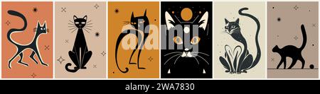 Set Retro-Poster mit süßen schwarzen Katzen Vektor. Stock Vektor