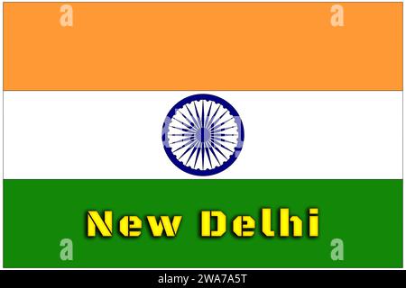 Indien, indische Flagge mit dem Namen der Hauptstadt Neu-Delhi, die Flagge mit den richtigen offiziellen Proportionen und Farben. Stockfoto