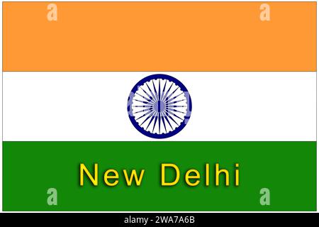 Indien, indische Flagge mit dem Namen der Hauptstadt Neu-Delhi, die Flagge mit den richtigen offiziellen Proportionen und Farben. Stockfoto